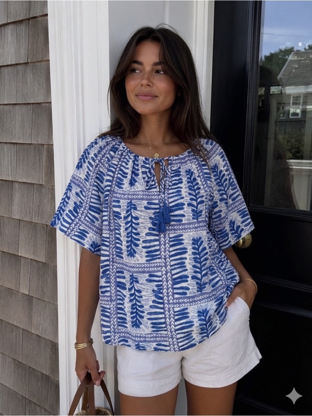 NWT LOFT Blue White Patterned Peasant Top XL Summer Vacation